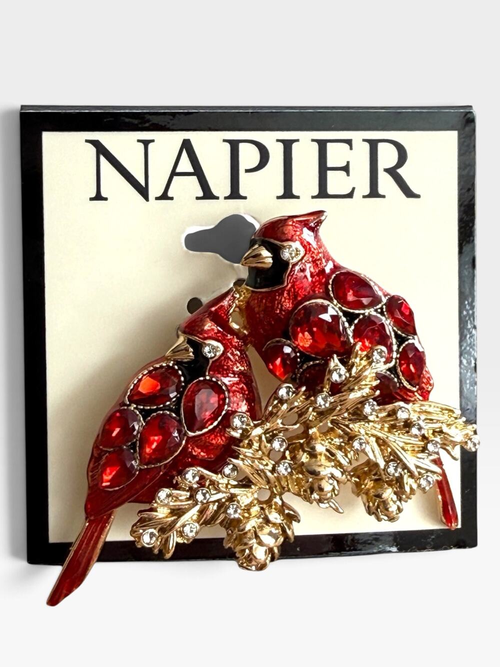 NAPIER Cardinal Bird Brooch Pin Red Enamel Rhinestone Gold Tone New on Card